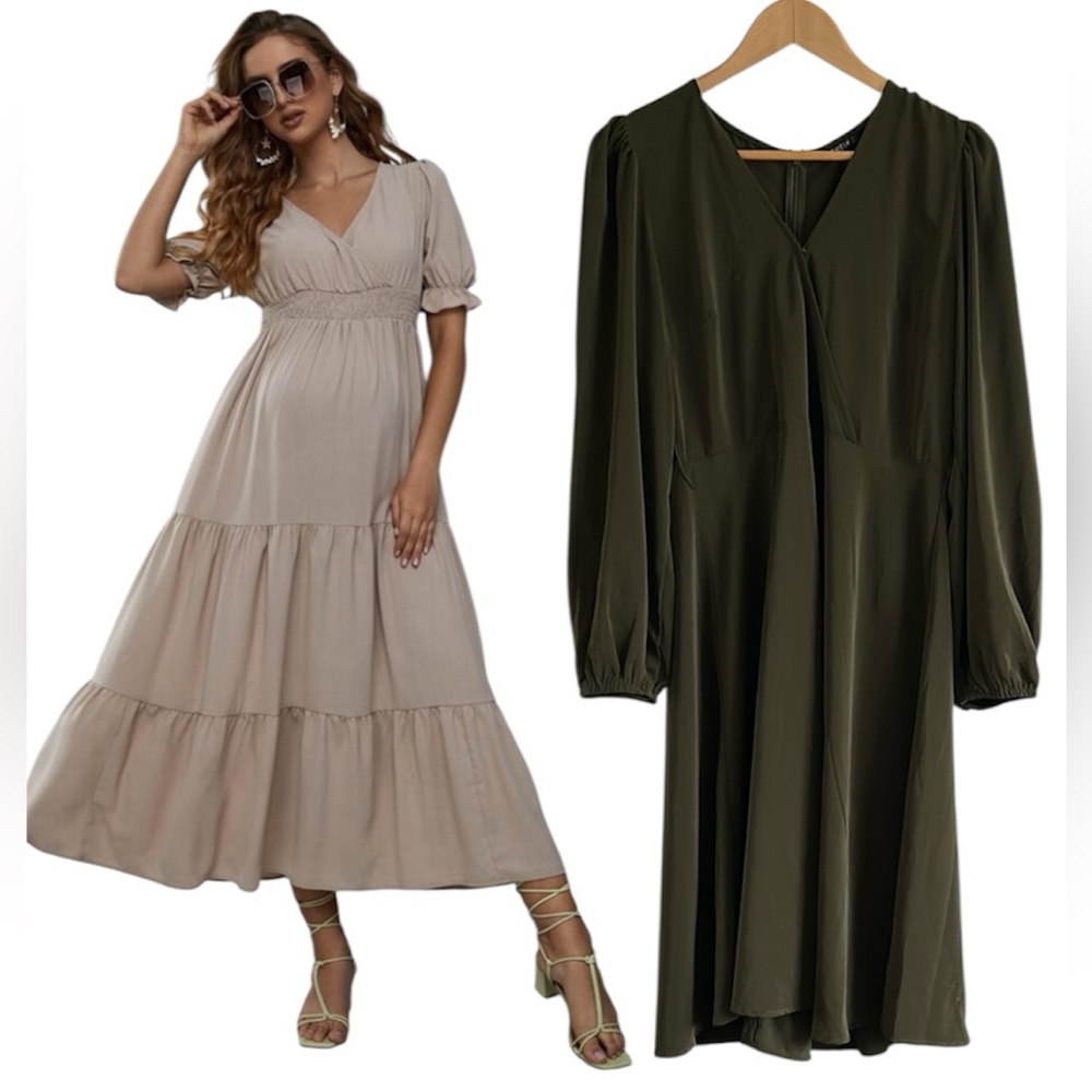 SHEIN Green A-Line Sleeve V-Neck & Ruched Ruffle Puff Sleeve Maxi Dress Large